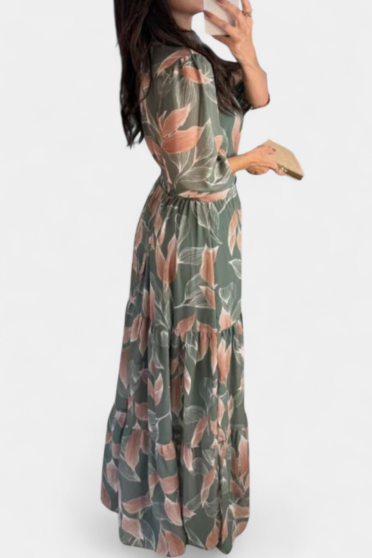 Serena | Leaf Print Maxi Dress with Flowing Silhouette