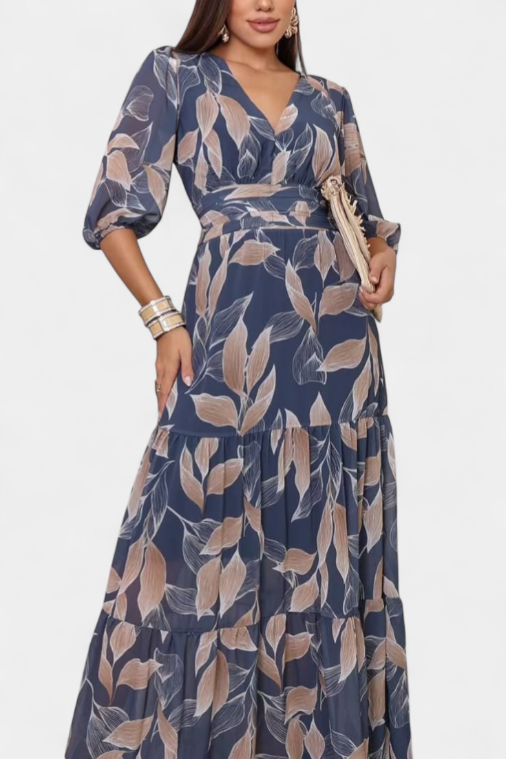 Serena | Leaf Print Maxi Dress with Flowing Silhouette