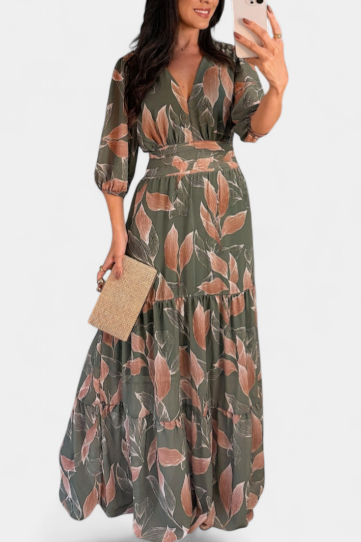 Serena | Leaf Print Maxi Dress with Flowing Silhouette