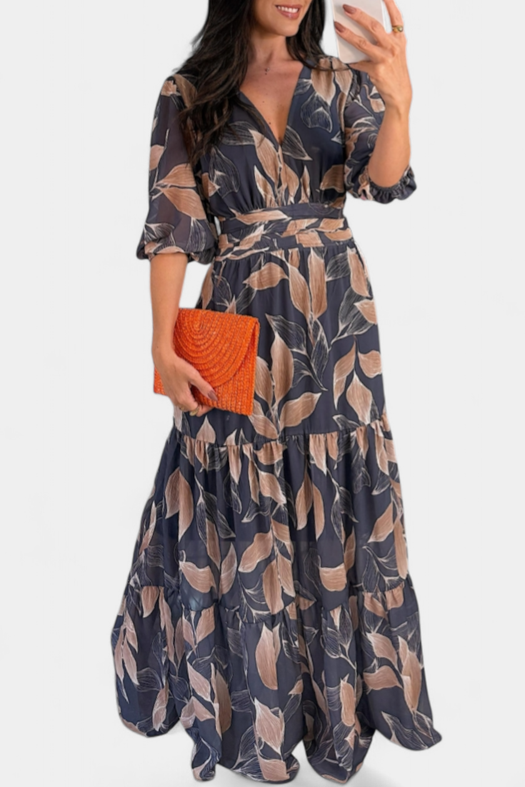 Serena | Leaf Print Maxi Dress with Flowing Silhouette
