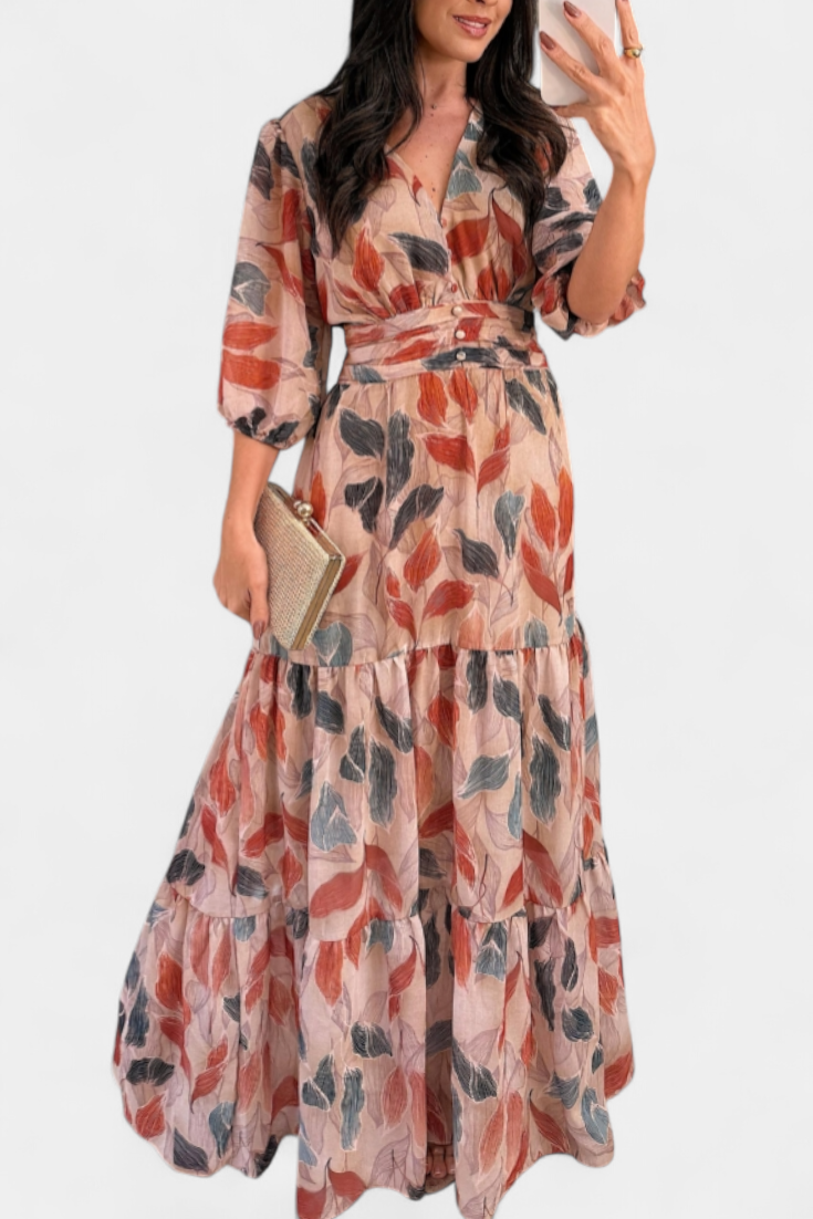 Serena | Leaf Print Maxi Dress with Flowing Silhouette